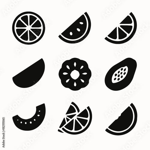 Black and white fruit icons set featuring citrus, watermelon, papaya, kiwi
