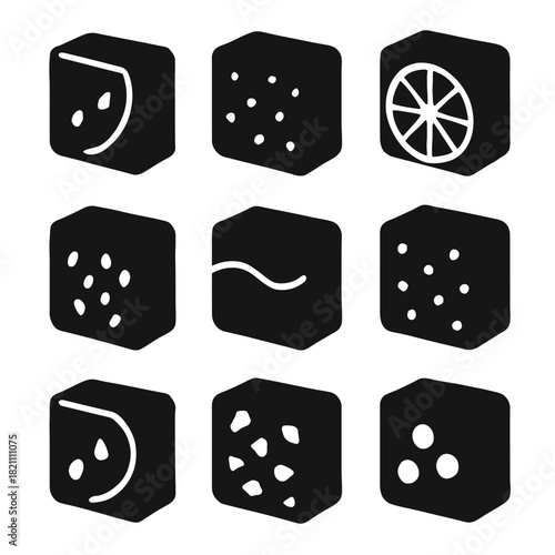 Set of nine black geometric icons with textures and patterns