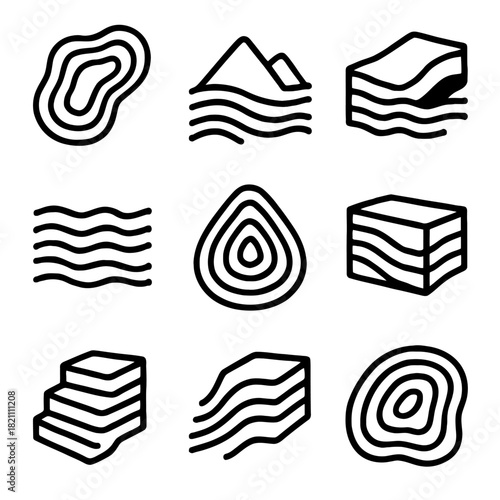 Geometric line icons: topographic, mountain, and wave symbols