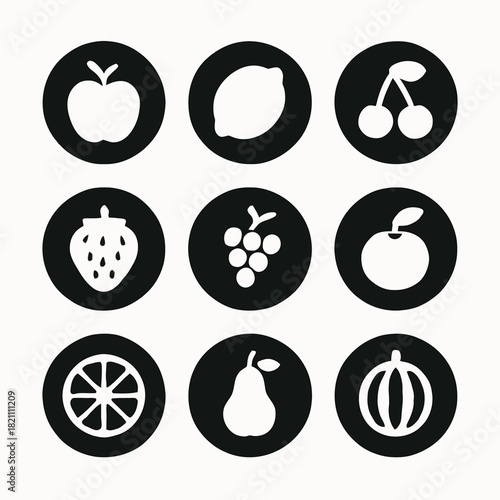 Black and white fruit icons: apple, lemon, cherries, strawberry, grapes, orange, pear, melon