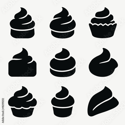 Set of nine black silhouette cupcake and dessert icons on white background