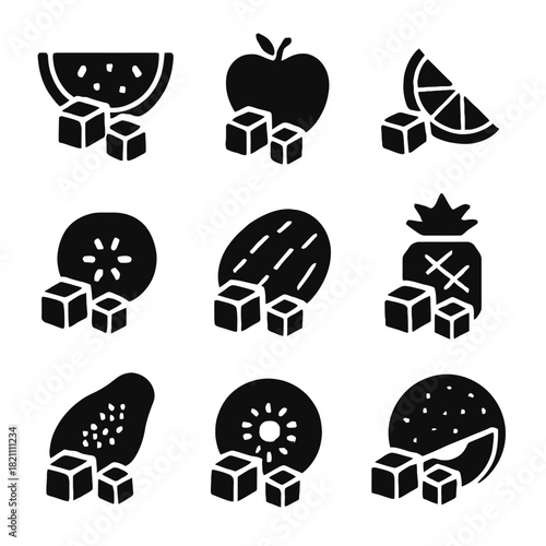 Silhouette icons of various fruits with sugar cubes