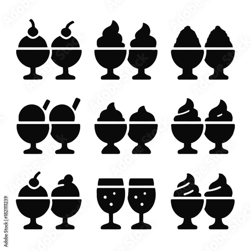 Set of twelve ice cream icons: sundaes, cones, and desserts in black silhouettes