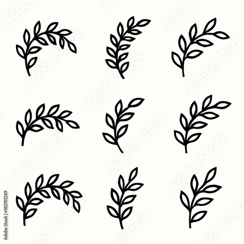 Set of nine minimalist leaf branch designs in black and white