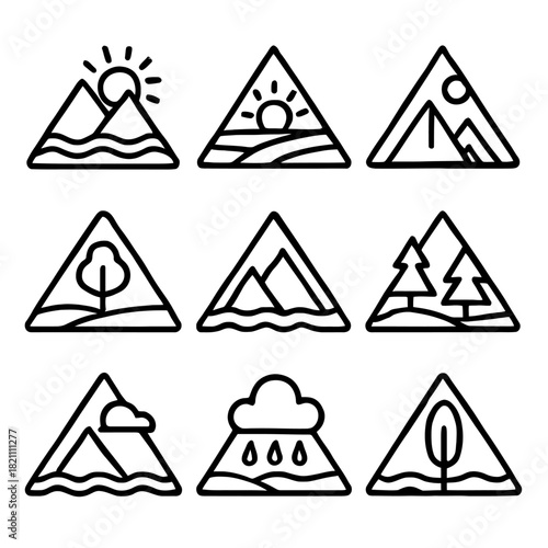 Collection of nine triangle nature icons with mountains, sun, and clouds