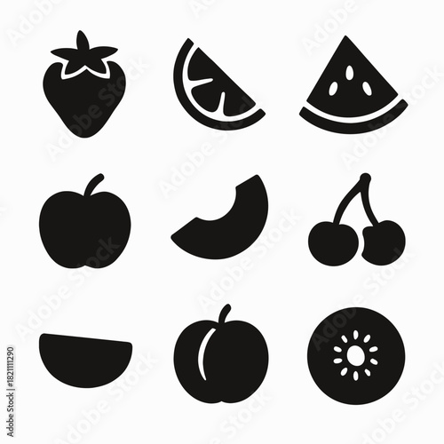 Black silhouette icons of various fruits on white background