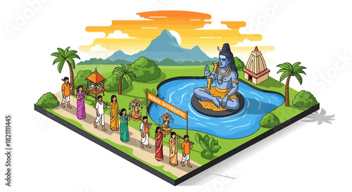 Celebration of Hindu Culture with Shiva Statue on Island in Lake