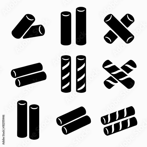 Set of various black silhouette rolled wafers icons in different patterns