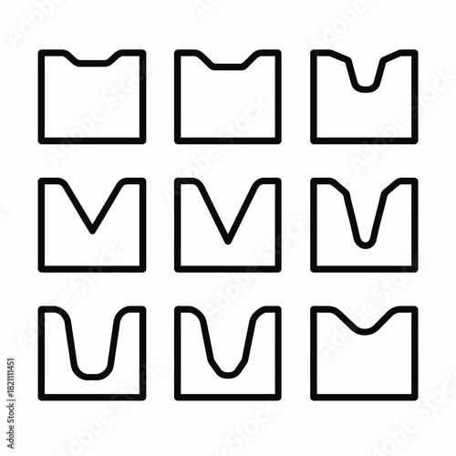 Set of nine black line icons with varying groove shapes in a grid arrangement