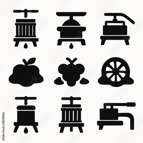 Silhouette icons of fruit presses and juicers