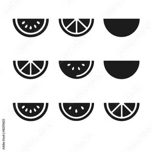 Collection of citrus slice icons: minimalist black and white design