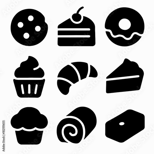 Silhouette icons of assorted bakery items: cake, donut, muffin, croissant, and swiss roll