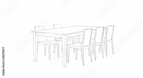Simple Line Drawing of a Dining Table with Six Chairs.