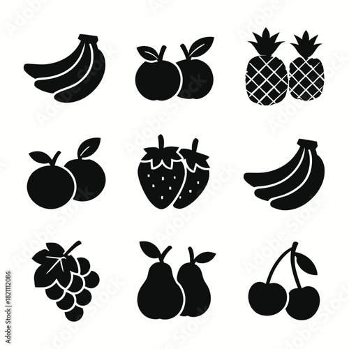 Black silhouettes of various fruits including bananas, apples, and pineapples