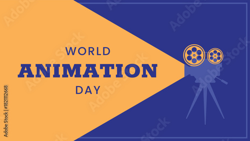 World Animation Day horizontal banner. October 28. Bright colors. Minimal holiday concept. Template for background, social media post, web banner, card, poster with text inscription. Camera, projector