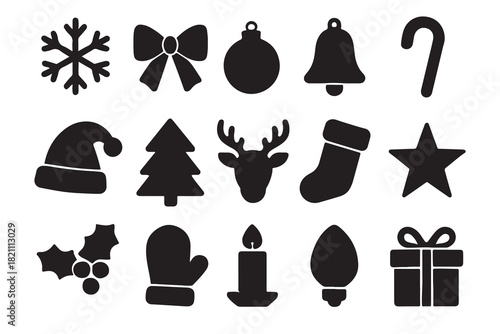 Collection of black christmas icons and symbols