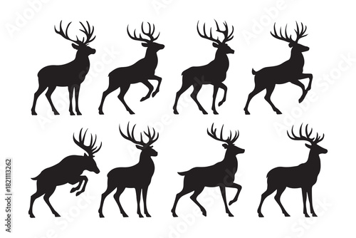 Collection of eight majestic deer silhouettes in various poses isolated on white background