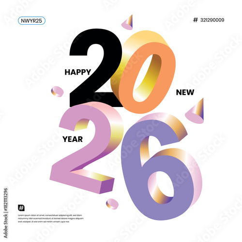 Happy New Year 2026 square template with 3D numbers. Social media greeting concept for New Year 2026 celebrations.