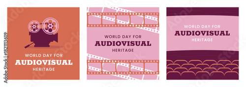 World day for Audiovisual heritage square banners set. October 27. Retro colors. Minimal holiday concept. Template for background, social media post, web banner, card, poster with text inscription