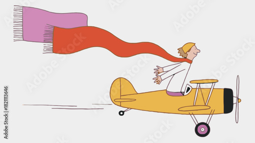 Whimsical person joyfully flying a vintage biplane through a colorful sky perfect for aviation themes retro designs and adventurous illustrations