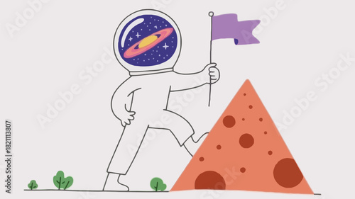 A person dressed as a cosmic explorer is depicted in this vibrant vector illustration featuring a futuristic suit and helmet against a colorful abstract background