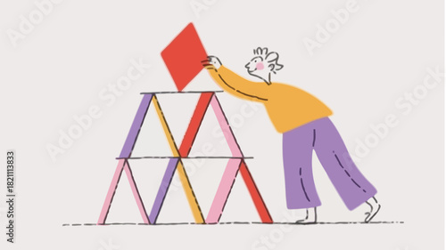 Whimsical character joyfully constructing a colorful house from various building blocks and abstract shapes representing creativity and imagination