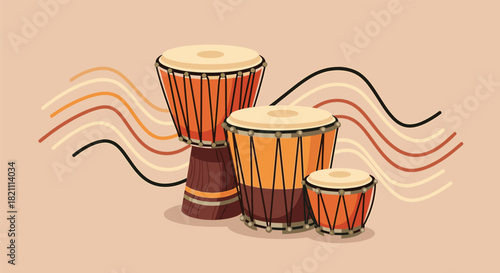 Colorful Illustration of African Drums with Wavy Lines, Ideal for Cultural Celebrations and Musical Themes, Perfect for Backgrounds and Design Projects.