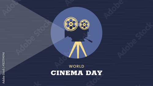 World Cinema Day horizontal banner. December 28. Retro colors. Minimal holiday concept. Template for background, social media post, web banner, card, poster with text inscription. Camera film