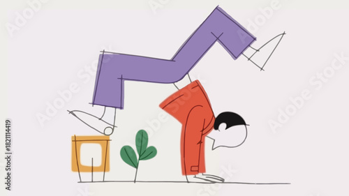 Dynamic street performer captured mid handstand showcasing balance and athletic skill in a vibrant vector illustration with bold colors and clean lines perfect for energetic designs