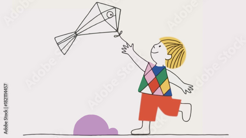 Joyful child in colorful jumper flying a kite against a bright sky representing outdoor fun and childhood innocence in a vibrant vector illustration