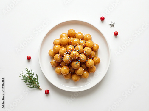 Top-down shot of traditional Italian struffoli with honey and sprinkles, arranged on a white plate with minimal Christmas elements. Clean festive composition with bright light and simple styling