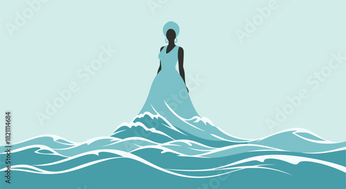 Silhouette of an Elegant Woman with a Headdress Emerging from the Ocean Waves, Symbolizing Strength and Grace on a Tranquil Background