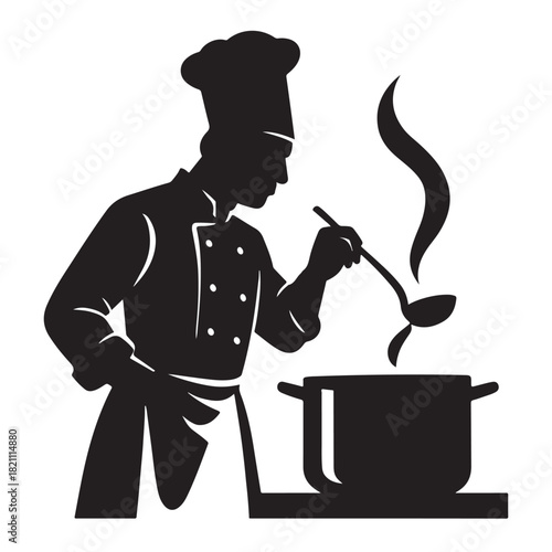 Silhouette of a chef in uniform tasting soup from a pot with steam rising isolated on white background