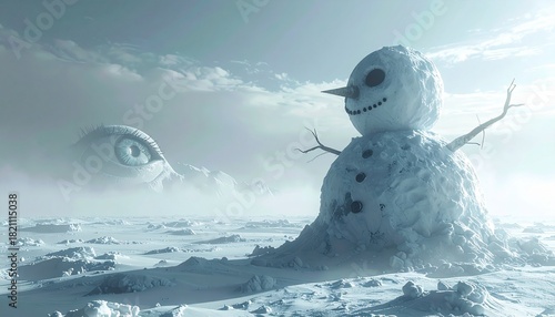 Creepy Glowing Snowman with Orange Eyes in Misty Winter Field Landscape