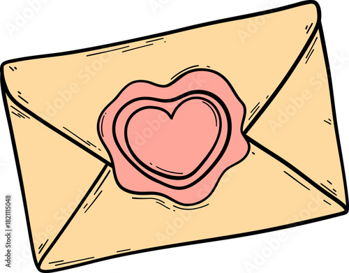 Retro Love Letter with Heart Wax Seal in Cute Kid Cartoon Flat Color Style