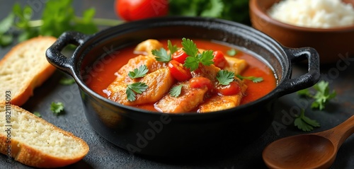 Fototapeta Naklejka Na Ścianę i Meble -  Delicious fish stew served in a black bowl. The dish includes fish fillets fresh tomatoes parsley. Side are croutons and rice. Meal photo is suitable for culinary topics.