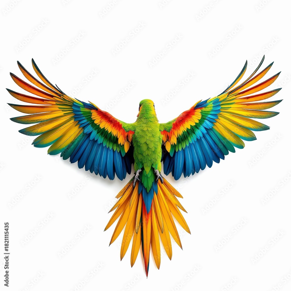 Fototapeta premium Vibrant green macaw parrot flying with wings spread wide isolated on white background