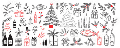 A festive collection of hand drawn christmas illustrations and holiday themed elements