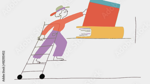 A librarian is reaching for a book on a high shelf while standing on a rolling ladder depicted in a graphic illustration suitable for educational or promotional banners
