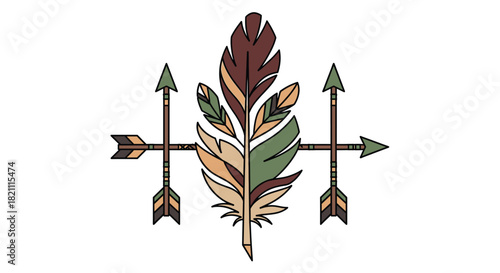 Native American Style Feather and Arrow Illustration - Indigenous Culture Symbolism with Tribal Motifs and Decorative Elements in Earth Tones