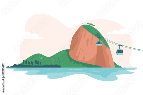 Sugarloaf Mountain Landscape with Cable Car in Rio de Janeiro, Brazil, Featuring Iconic Tourist Destination and Teal Water Scenery, A Peaceful and Tropical Vacation Spot.