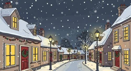 Charming winter village scene with snowy rooftops and glowing windows, perfect for holiday greetings and seasonal promotions, conveying warmth and nostalgia
