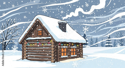 Charming snow covered log cabin nestled in a winter wonderland with twinkling lights, evoking cozy holiday memories and the magic of the season
