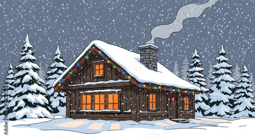 Cozy cabin glows amidst snowy evergreens, a warm holiday retreat, perfect for winter escapes, family memories, and festive cheer, originally a scalable vector graphic
