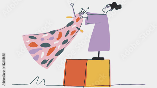 A stylized illustration of a tailor standing proudly on a pedestal showcasing their craftsmanship and the elegant design of a dress they have created perfect for fashion and apparel themes