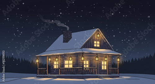 Cozy snow covered cabin with glowing lights evokes winter holiday warmth, perfect for greeting cards and seasonal promotions. Escape to winter wonderland