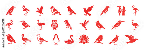 Diverse Bird Species Icon Set: Collection of Flat Red Vector Graphic Symbols of Ornithology and Various Aviary Animals in Nature.