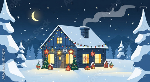 Charming snow-covered cabin twinkling with holiday lights under a serene moonlit sky, evoking warmth and festive cheer for cozy winter celebrations