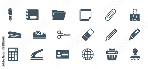 Office and Stationery Supplies Icon Set: Collection of Flat Gray Vector Symbols for Business, Education, Work Desk, and Administrative Tools.