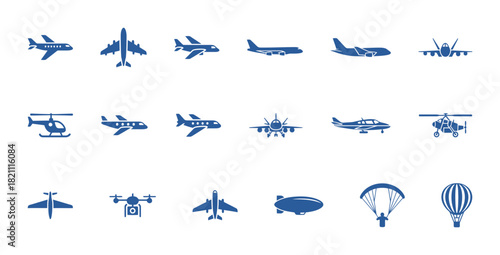 Aircraft and Aviation Transportation Icon Set: Collection of Flat Blue Vector Symbols for Air Travel, Military, Cargo, and Aerodynamics.